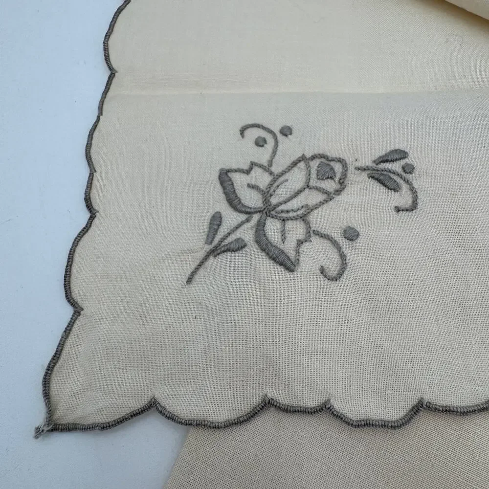 Vintage Embroidered Napkins Gray edges with Gray Flowers set of 6 plus 1